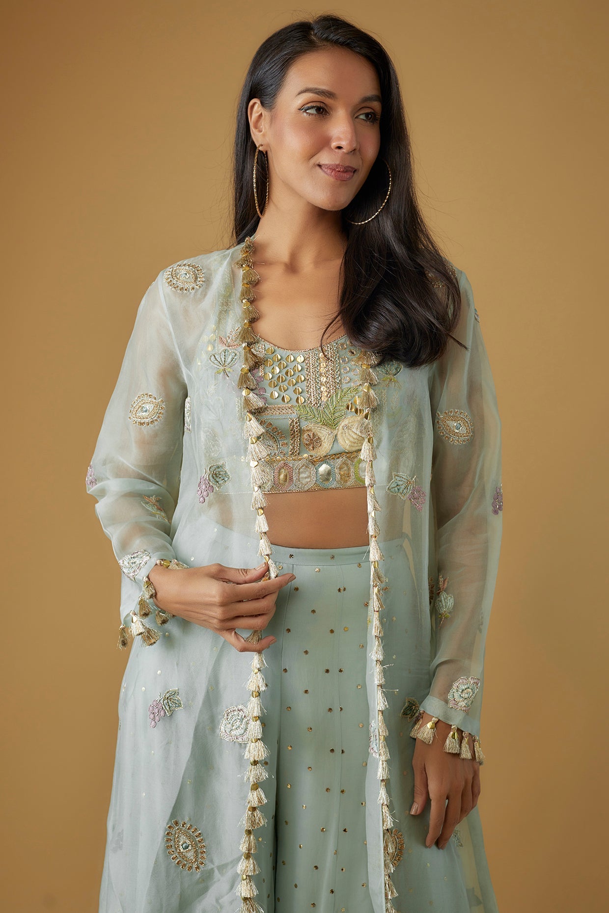 Powder Blue Embroidered Bustier With Embroidered Jacket And Sharara