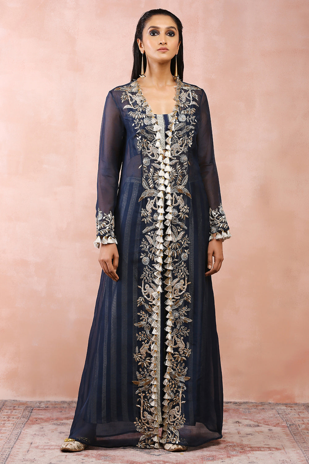 Navy Embroidered Jacket With Bustier And Pallazo Pant