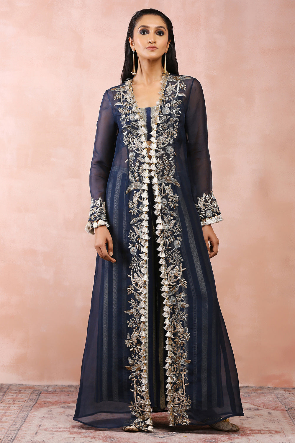 Navy Embroidered Jacket With Bustier And Pallazo Pant