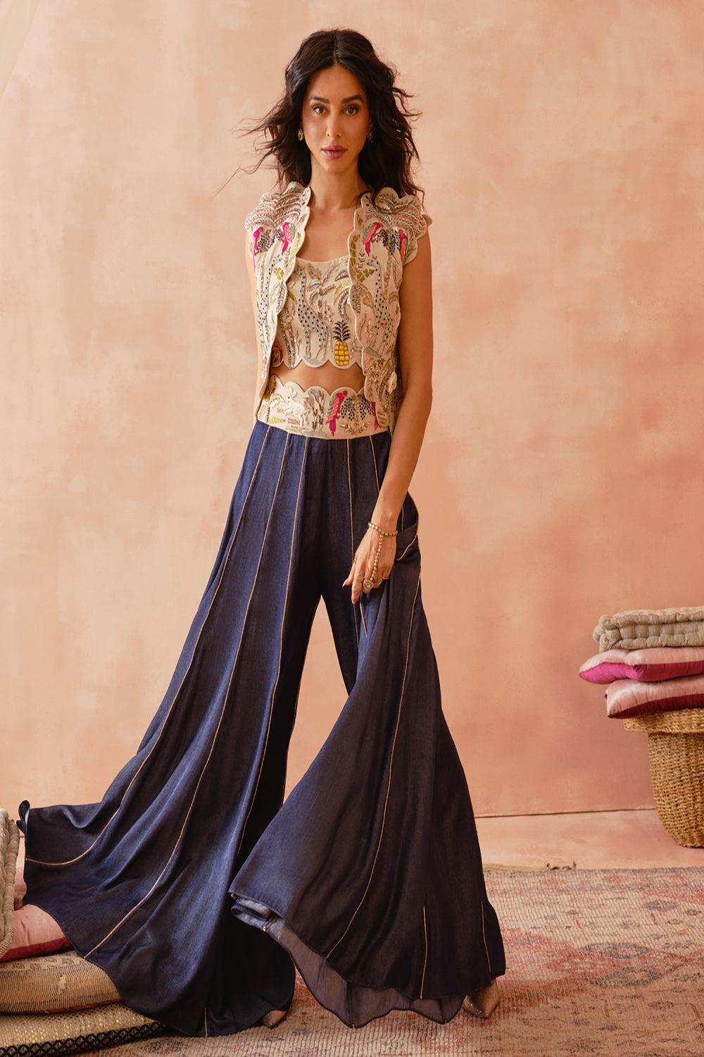 Stone Embroidered Jacket And  Bustier With Denim Sharara