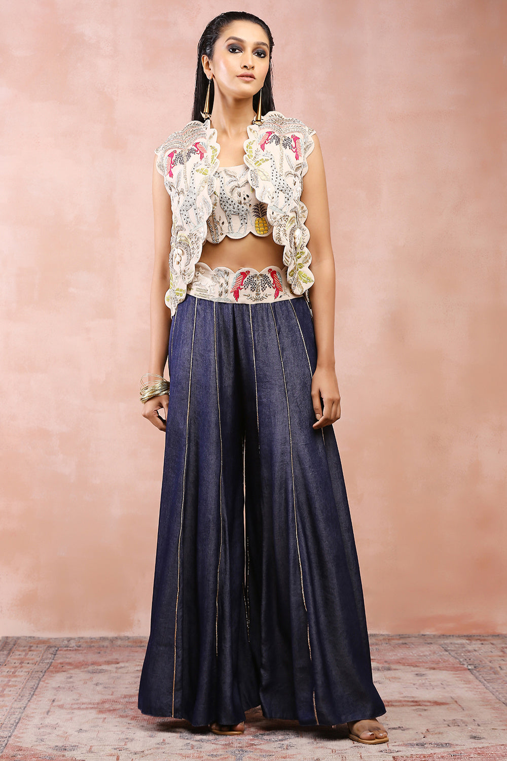 Stone Embroidered Jacket And  Bustier With Denim Sharara