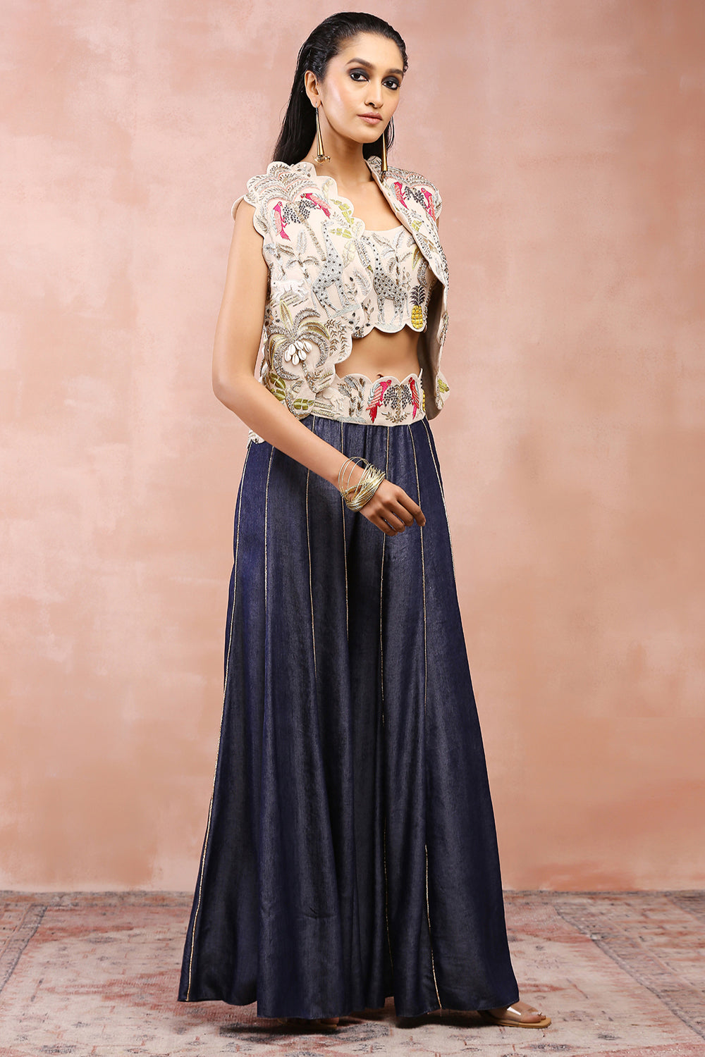 Stone Embroidered Jacket And  Bustier With Denim Sharara