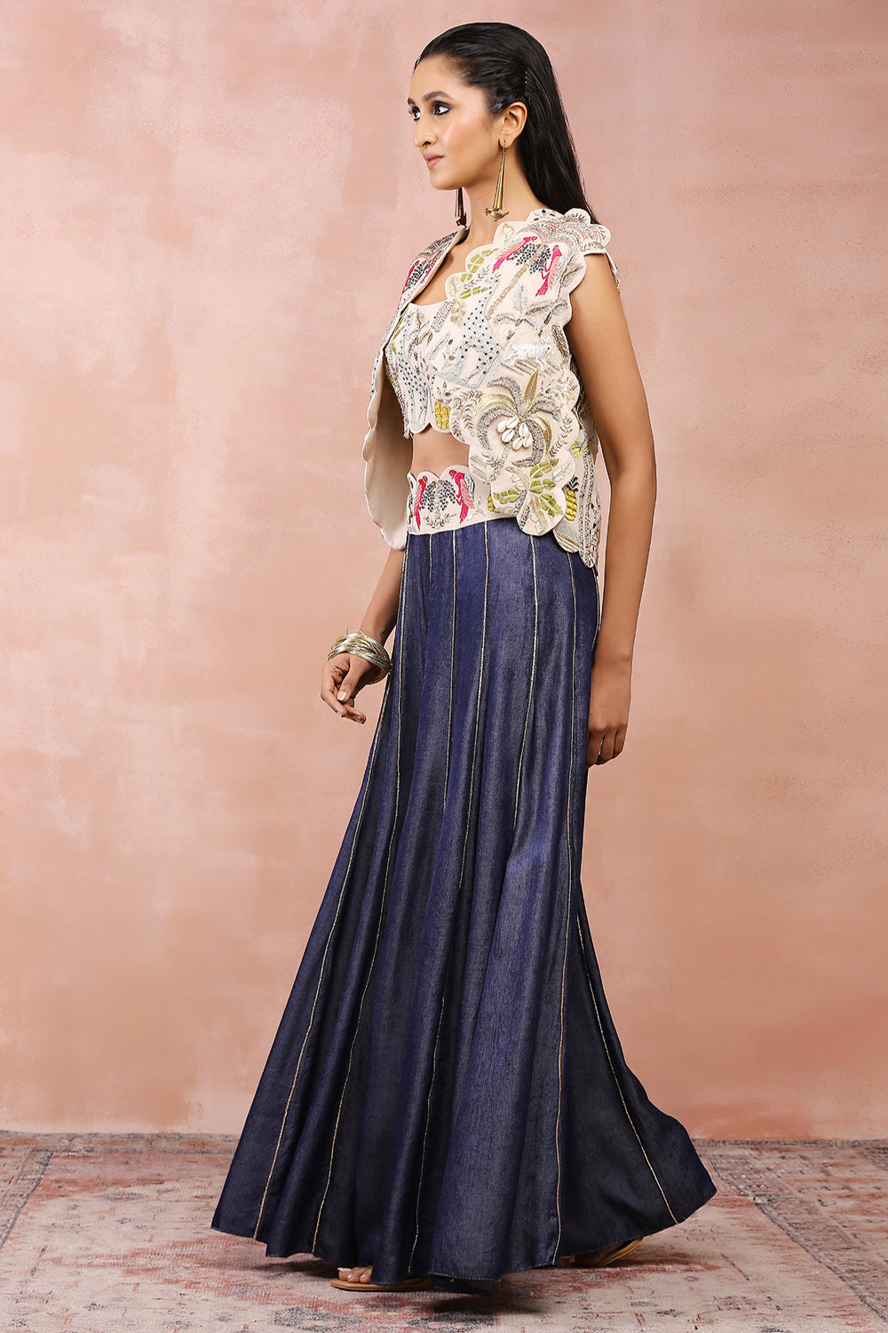 Stone Embroidered Jacket And  Bustier With Denim Sharara