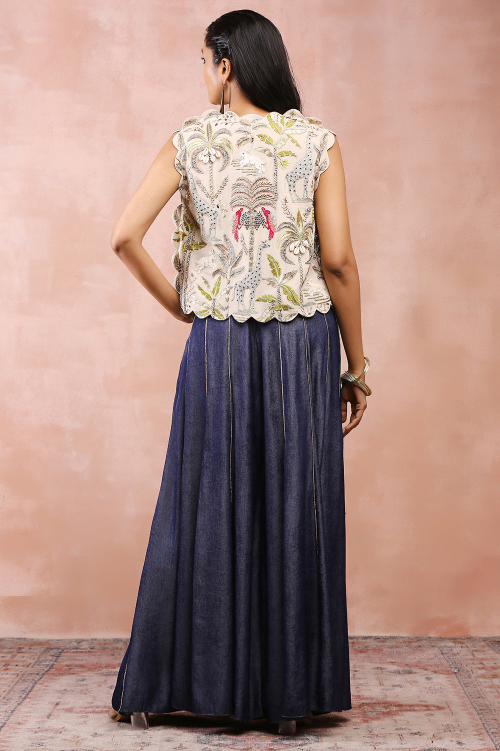 Stone Embroidered Jacket And  Bustier With Denim Sharara