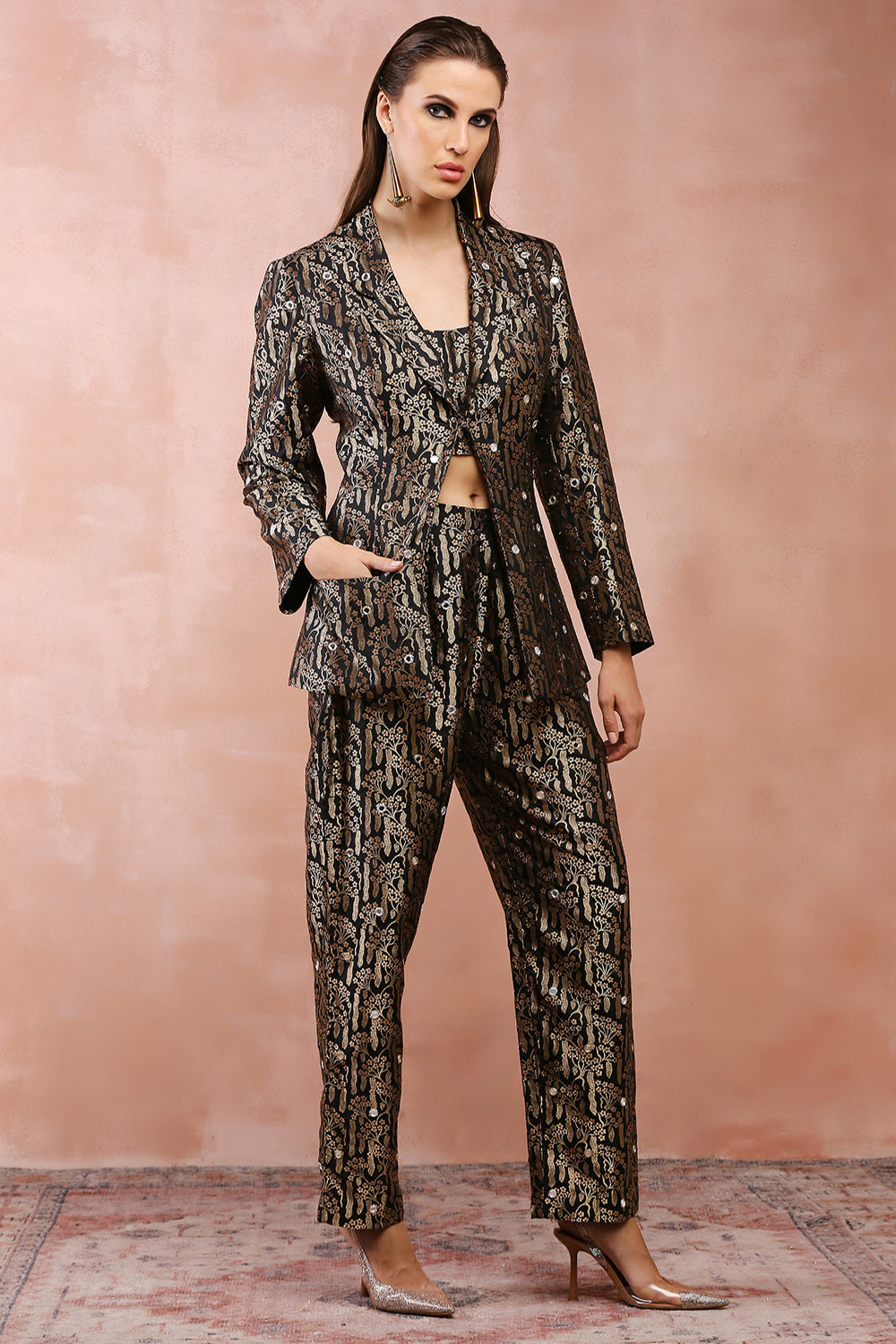 Black Embroidered Blazer With Bustier And Pant