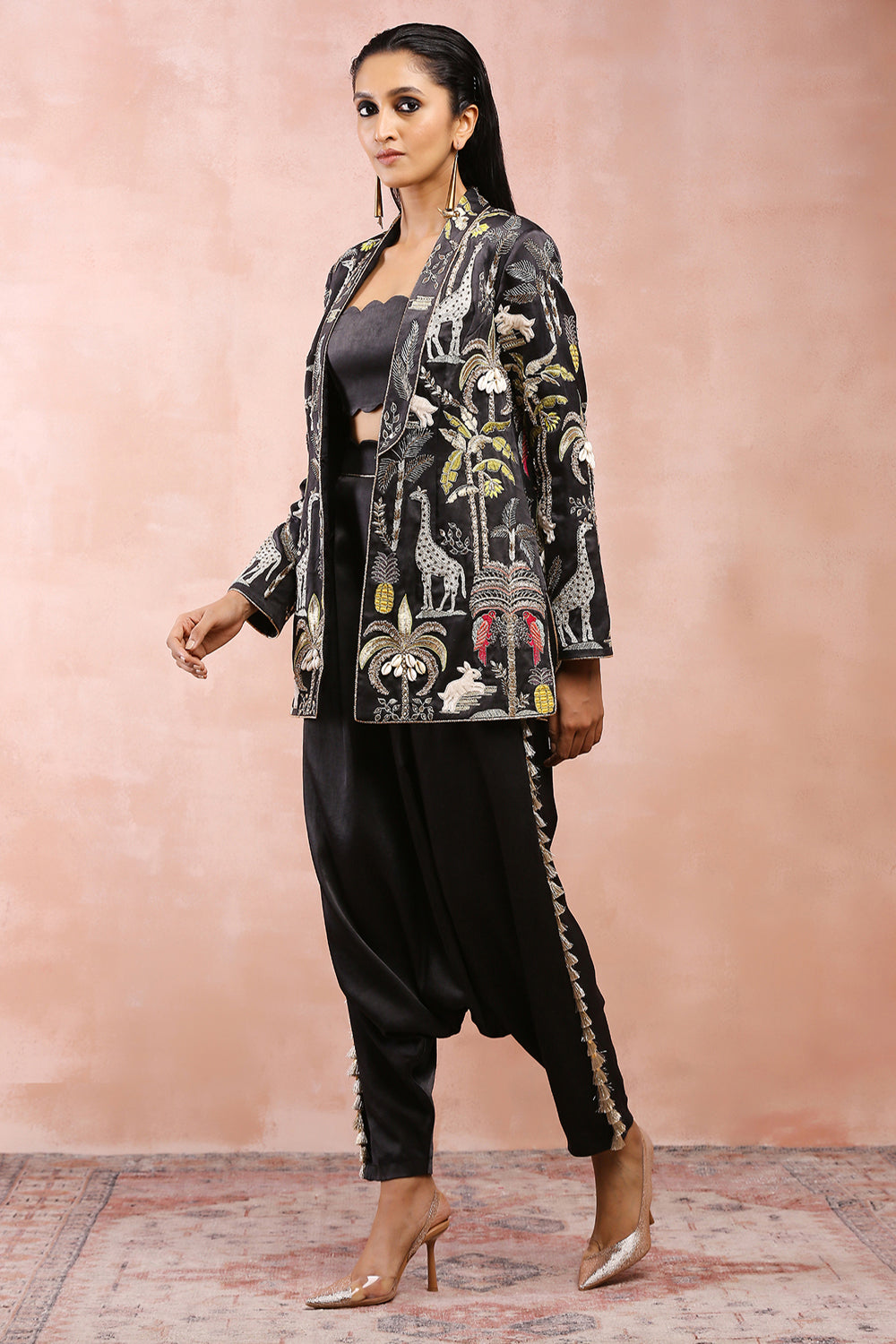 Black Embroidered Jacket With Bustier And Low Crotch Pant