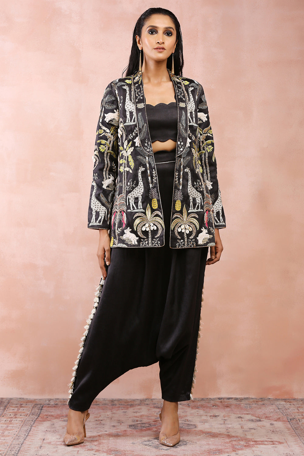 Black Embroidered Jacket With Bustier And Low Crotch Pant