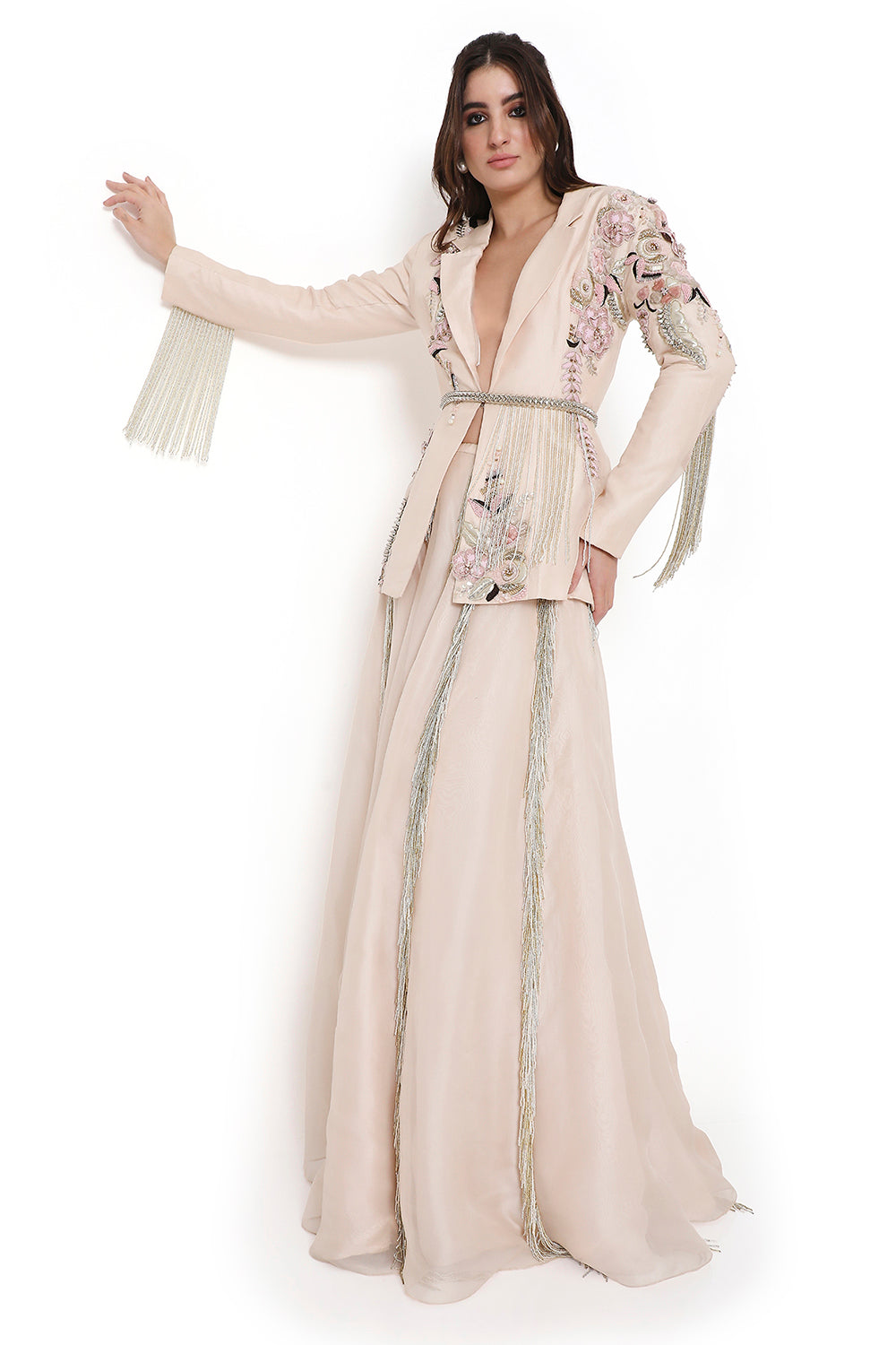 Stone Embroidered Jacket And Lehenga With Hanging Tassels And Embroidered Leather Belt