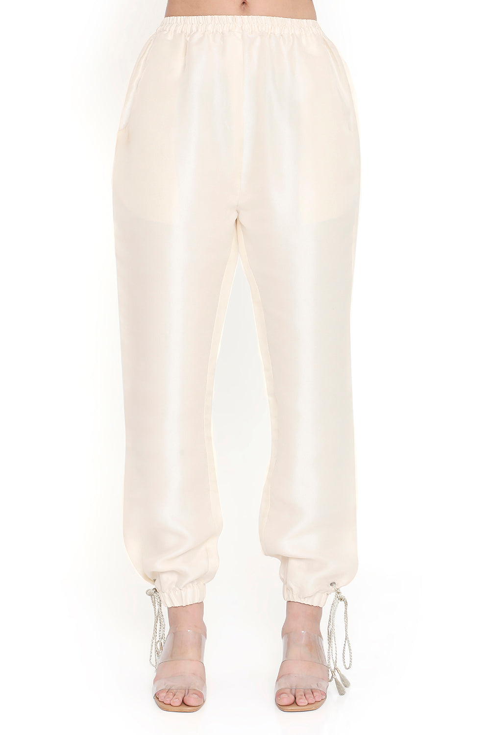 Off White Embroidered Jacket And Jogger Pant With Bottom Tie Up