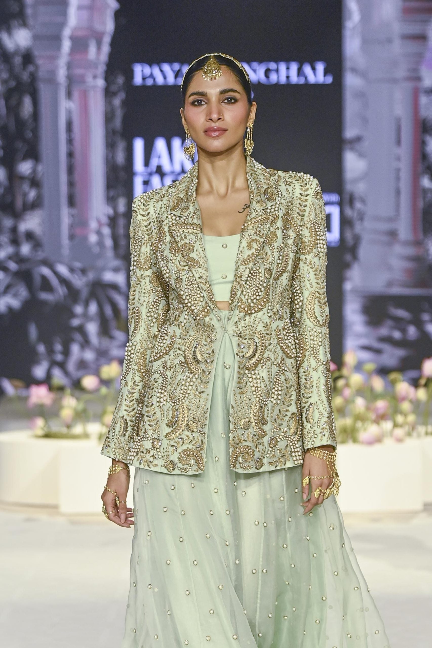 Shazia Mint Embroidered Blazer And Bustier With Sharara