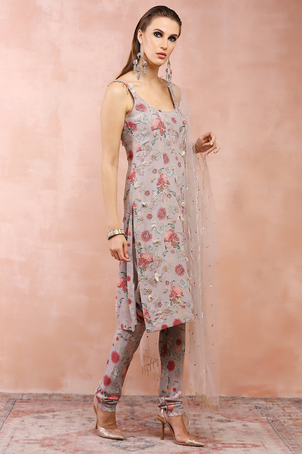 Grey Gulbagh Print Embroidered Kurta And Churidar With Dupatta