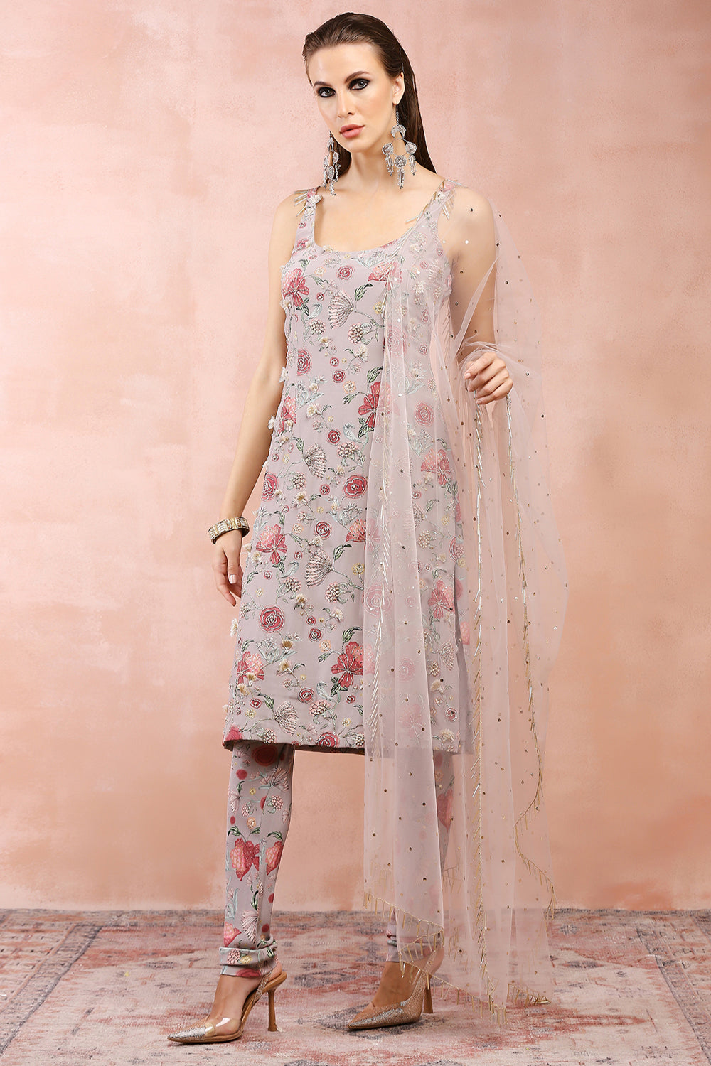 Grey Gulbagh Print Embroidered Kurta And Churidar With Dupatta