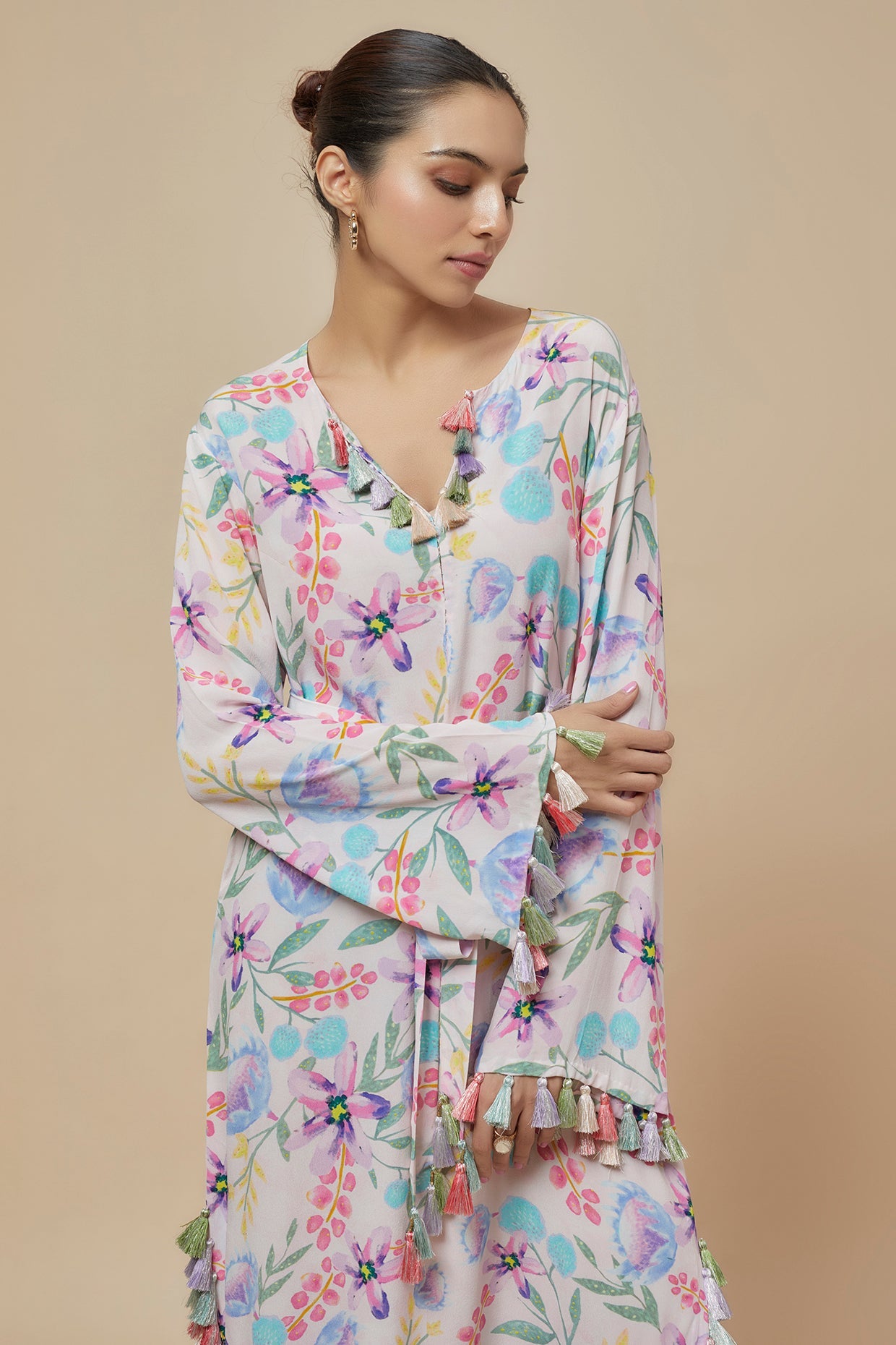 Baby Pink Printed Crepe Long Beyza Kaftan