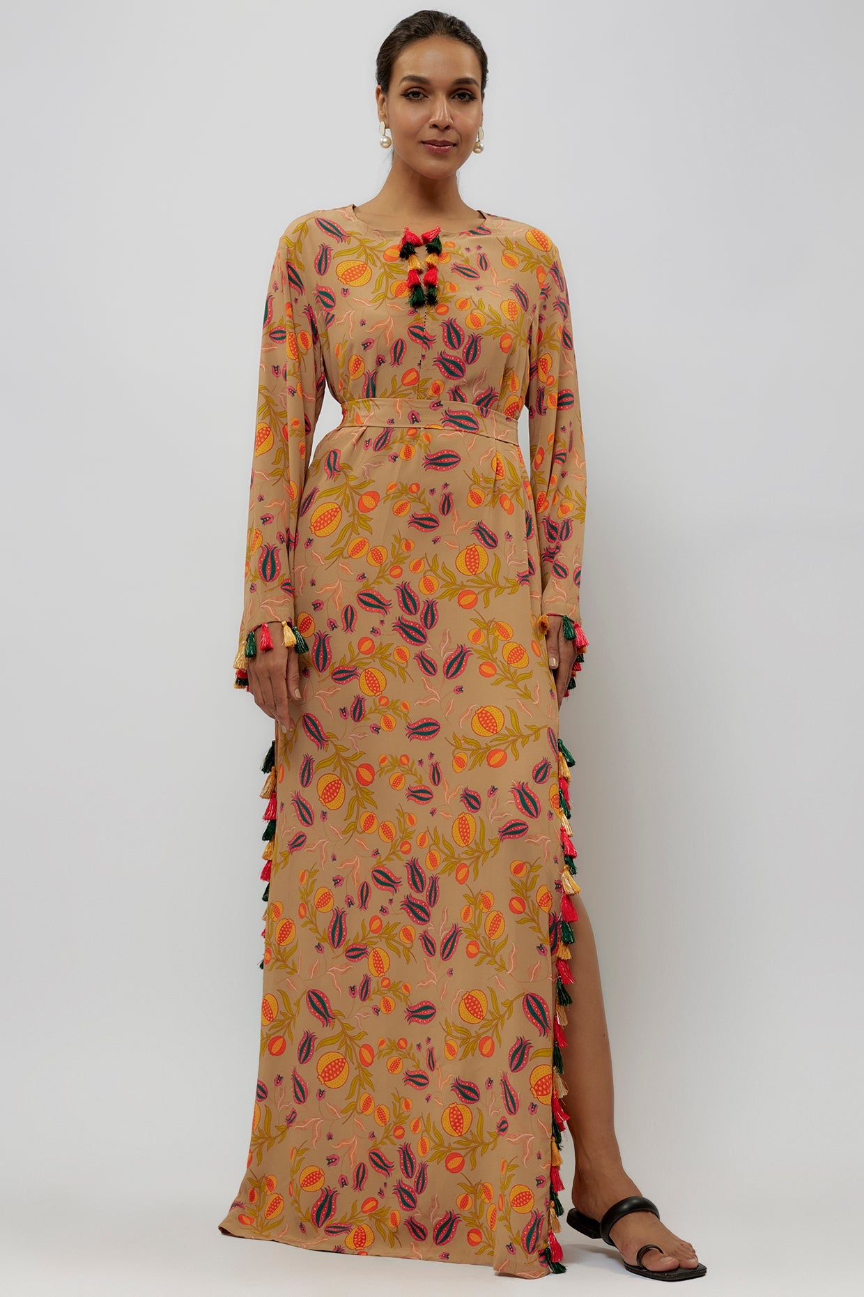 Brown Printed Crepe Long Beyza Kaftan