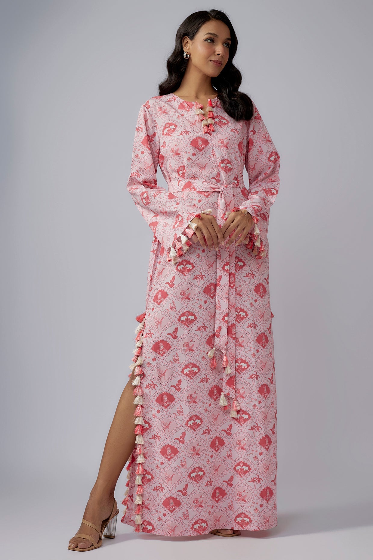 Blush Pink Printed Art Crepe Long Beyza Kaftan With Belt