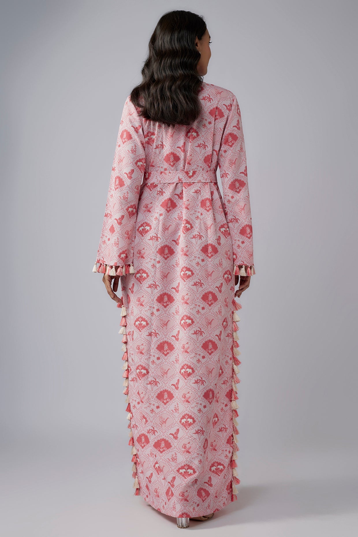 Blush Pink Printed Art Crepe Long Beyza Kaftan With Belt