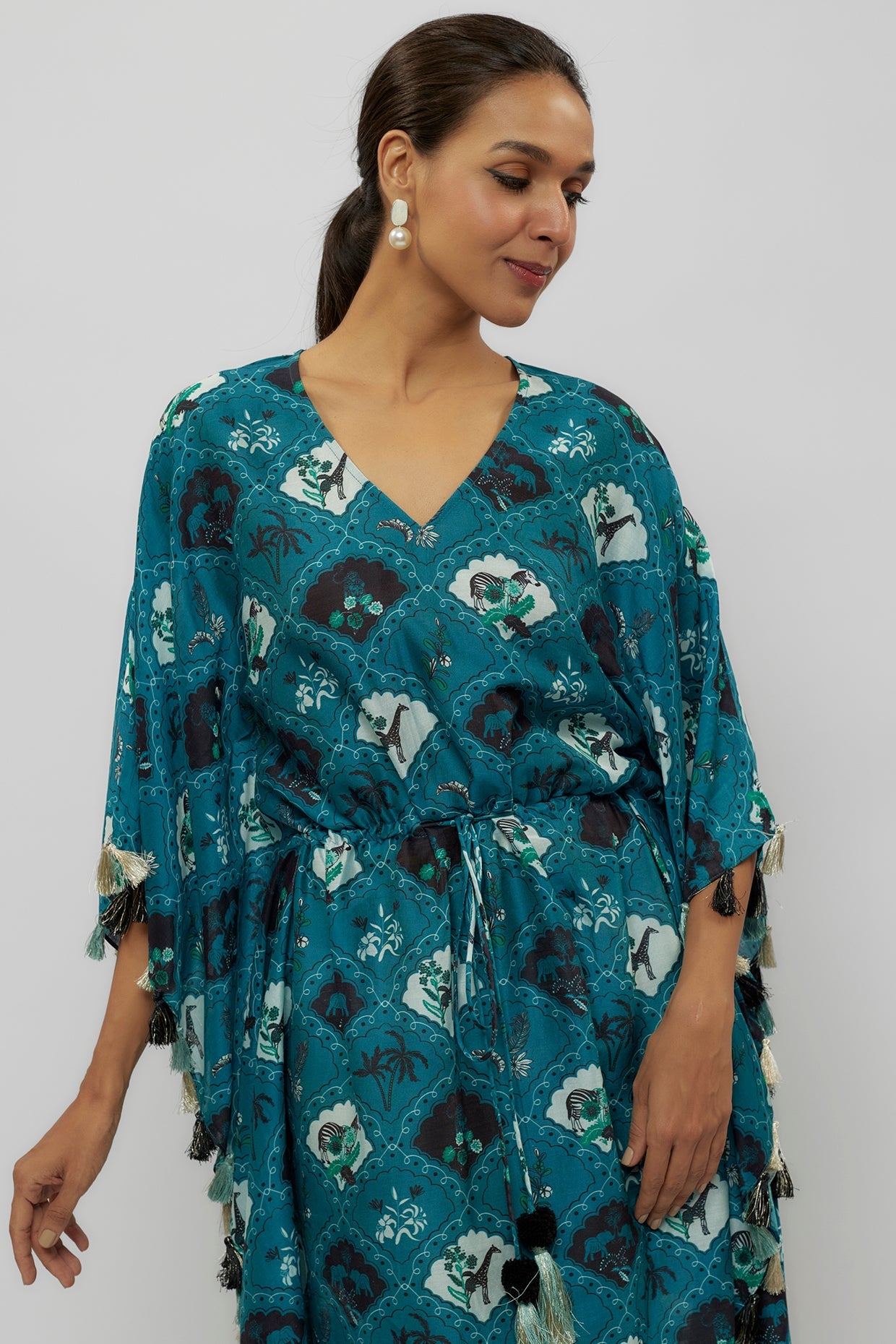 Teal Printed Silkmul Kaftan