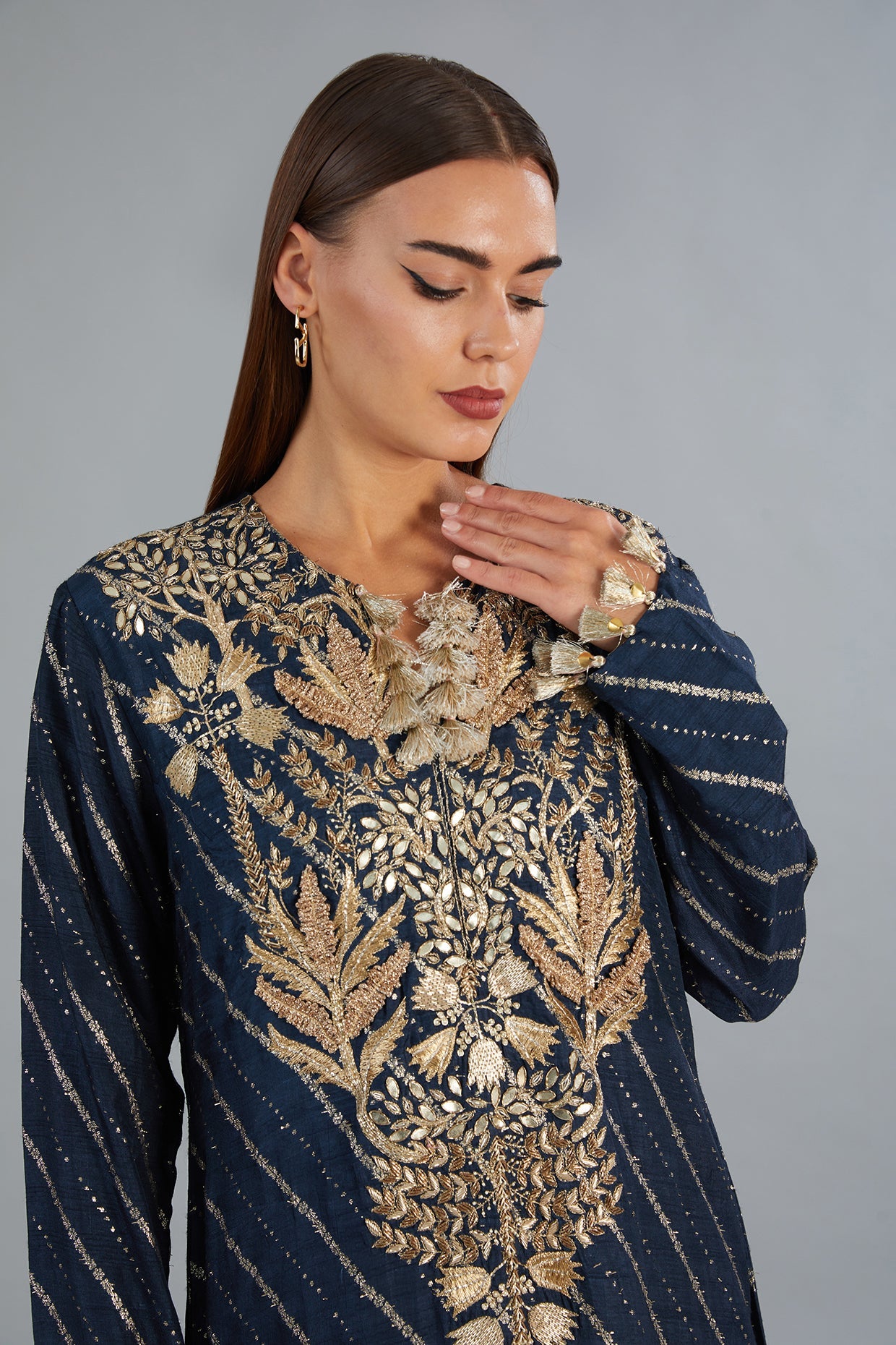 Navy Blue Dola Silk Embroidered Long Beyza Kaftan