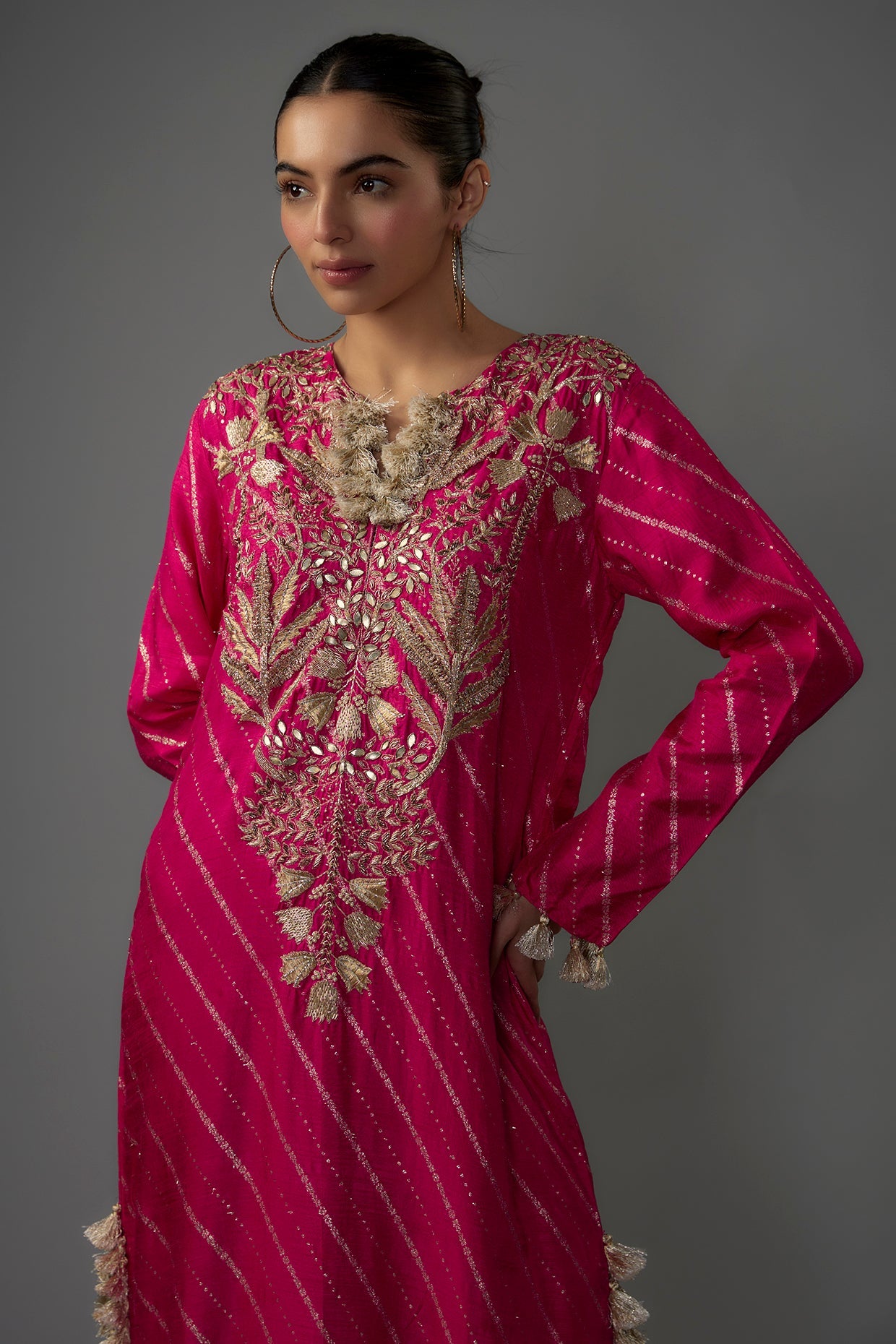 Hot Pink Embroidered Long Beyza Kaftan