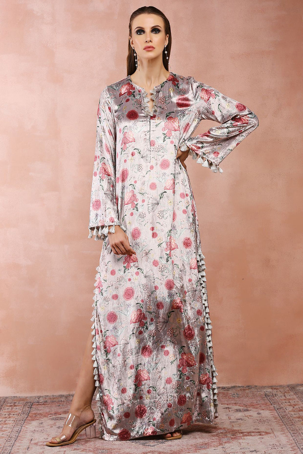 Grey Gulbagh Print Velvet Kaftan With Belt