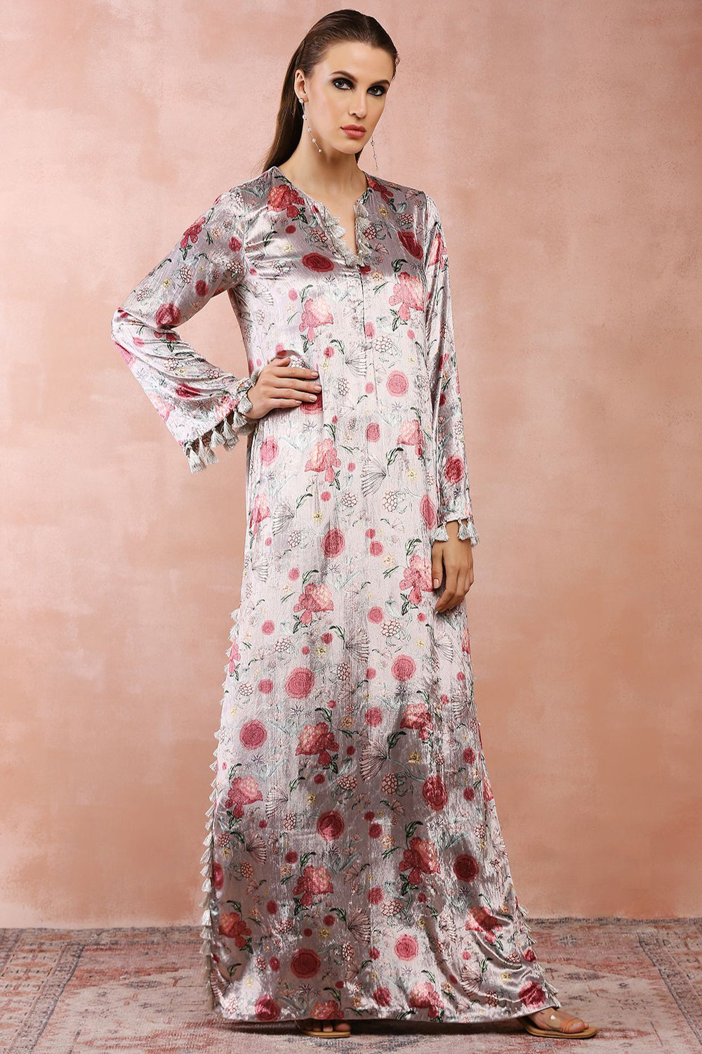 Grey Gulbagh Print Velvet Kaftan With Belt