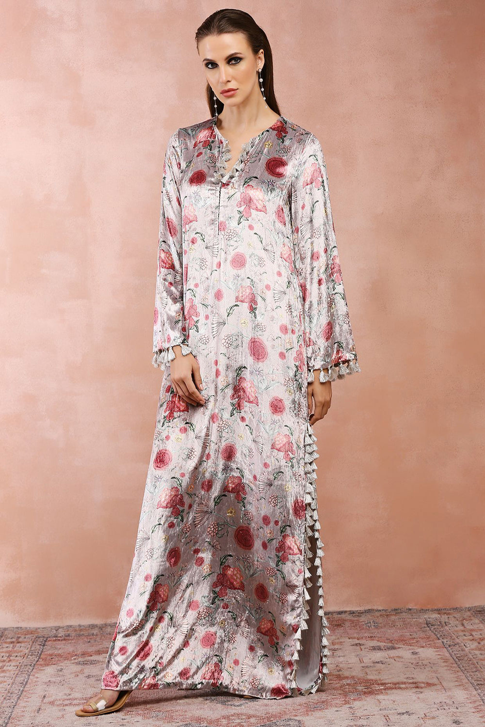 Grey Gulbagh Print Velvet Kaftan With Belt