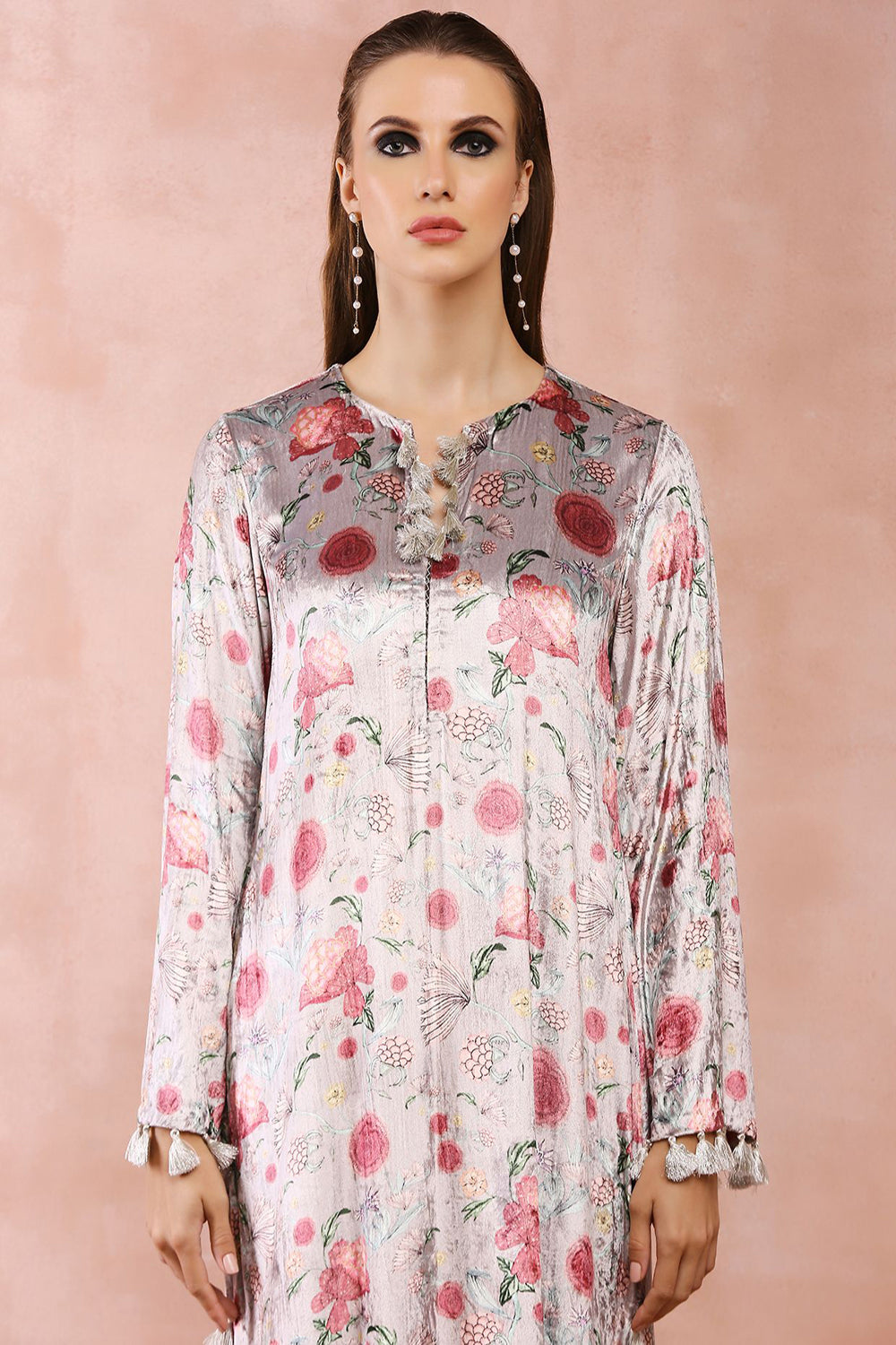 Grey Gulbagh Print Velvet Kaftan With Belt