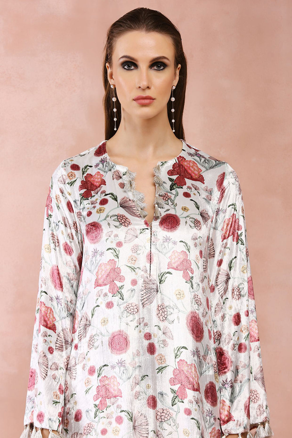 White Gulbagh Print Velvet Kaftan With Belt