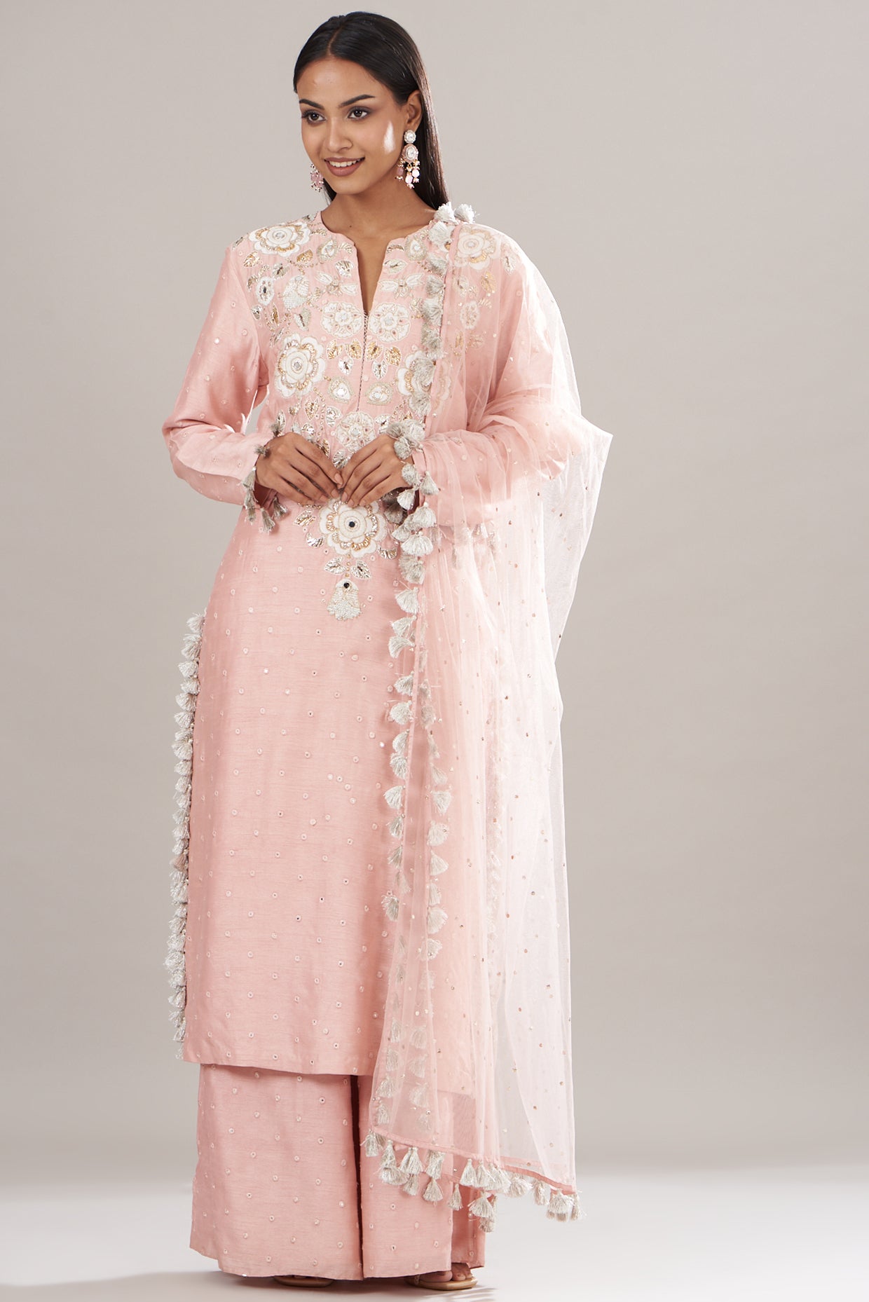 Rose Pink Embroidered Kurta And Palazzo With Dupatta