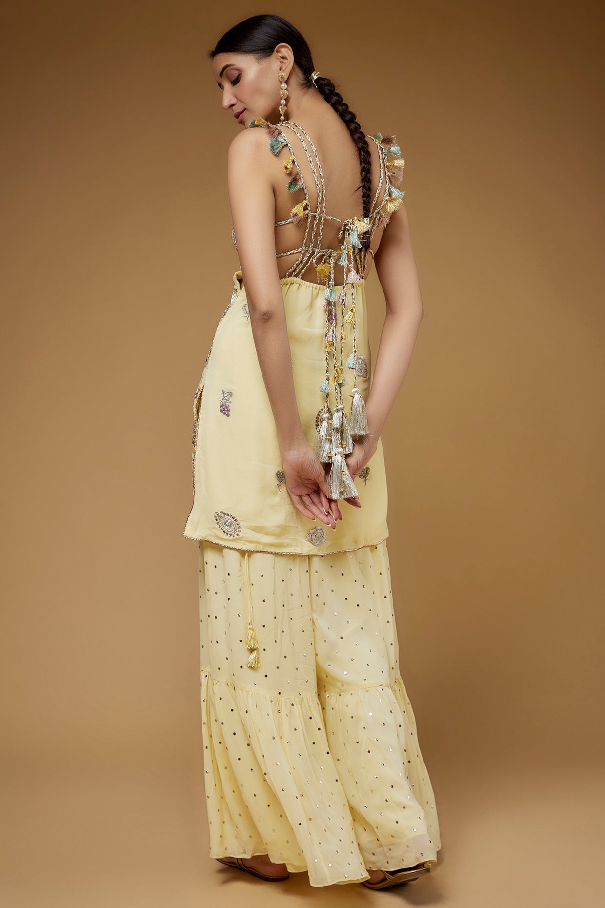 Pale Yellow Embroidered Back Tie-Up Kurta With One Frill Sharara And Dupatta