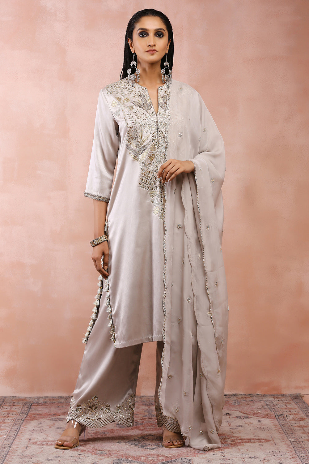 Grey Bagh Embriodered Kurta With Pant And Dupatta