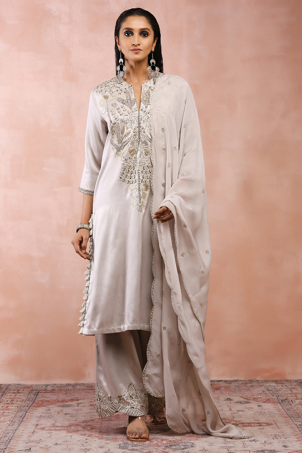 Grey Bagh Embriodered Kurta With Pant And Dupatta