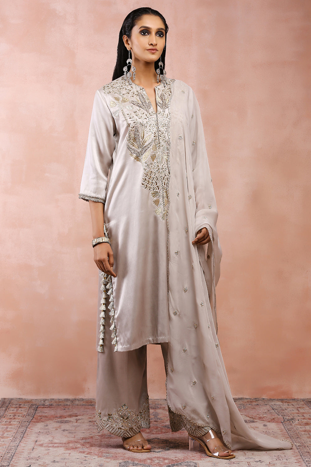 Grey Bagh Embriodered Kurta With Pant And Dupatta