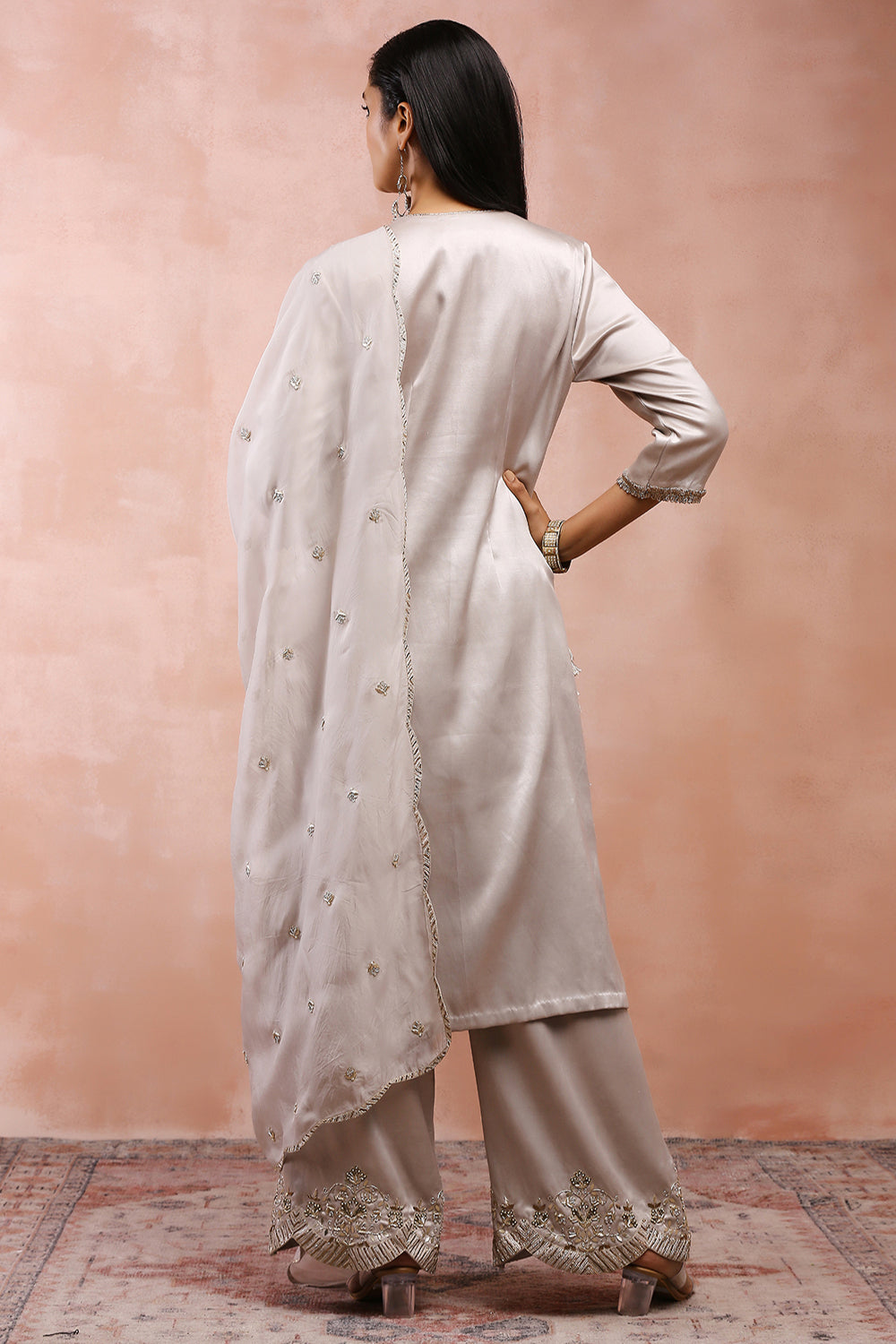 Grey Bagh Embriodered Kurta With Pant And Dupatta