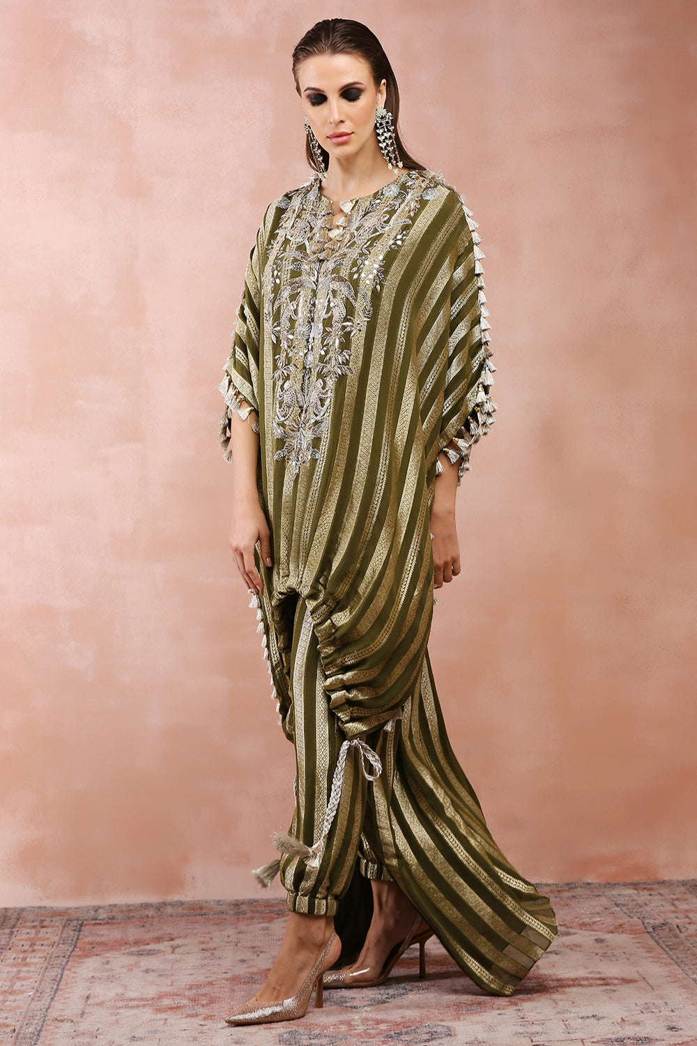 Olive Embroidered High Low Kaftan With Jogger Pant