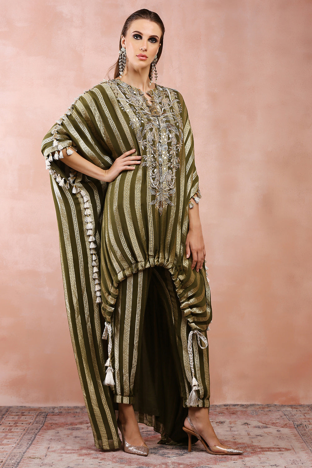 Olive Embroidered High Low Kaftan With Jogger Pant