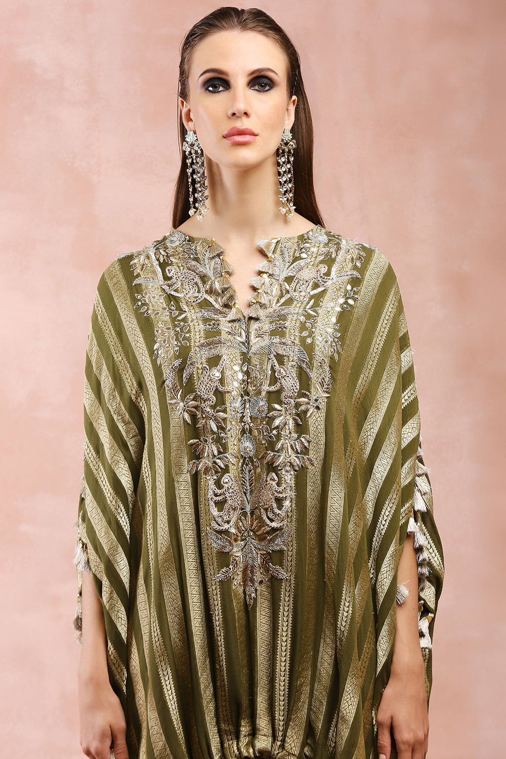 Olive Embroidered High Low Kaftan With Jogger Pant