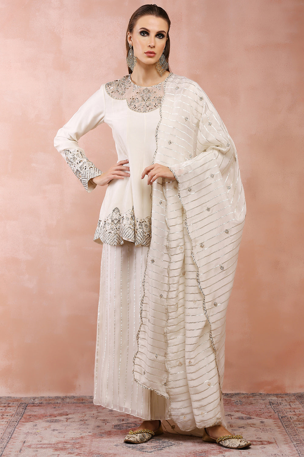 Off White Embroidered Kurta With Palazzo And Dupatta