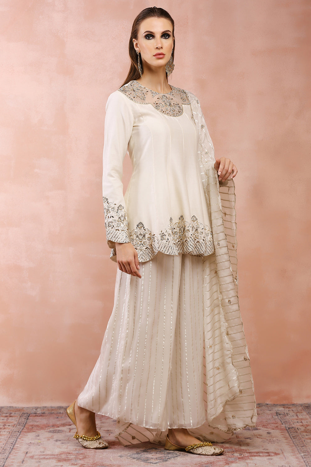 Off White Embroidered Kurta With Palazzo And Dupatta