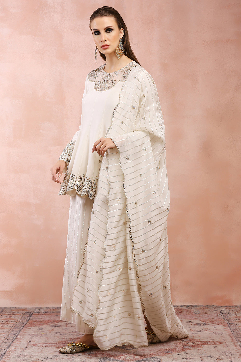 Off White Embroidered Kurta With Palazzo And Dupatta