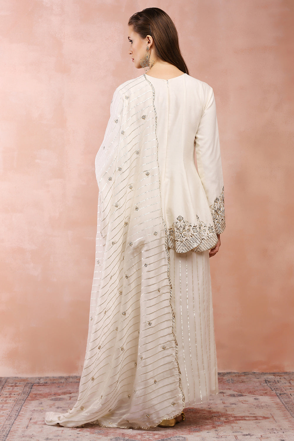 Off White Embroidered Kurta With Palazzo And Dupatta