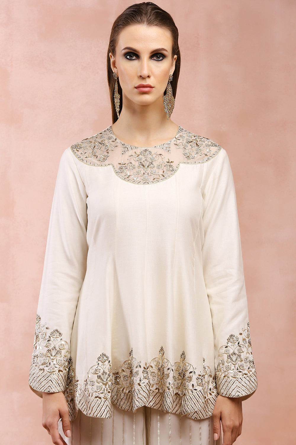 Off White Embroidered Kurta With Palazzo And Dupatta