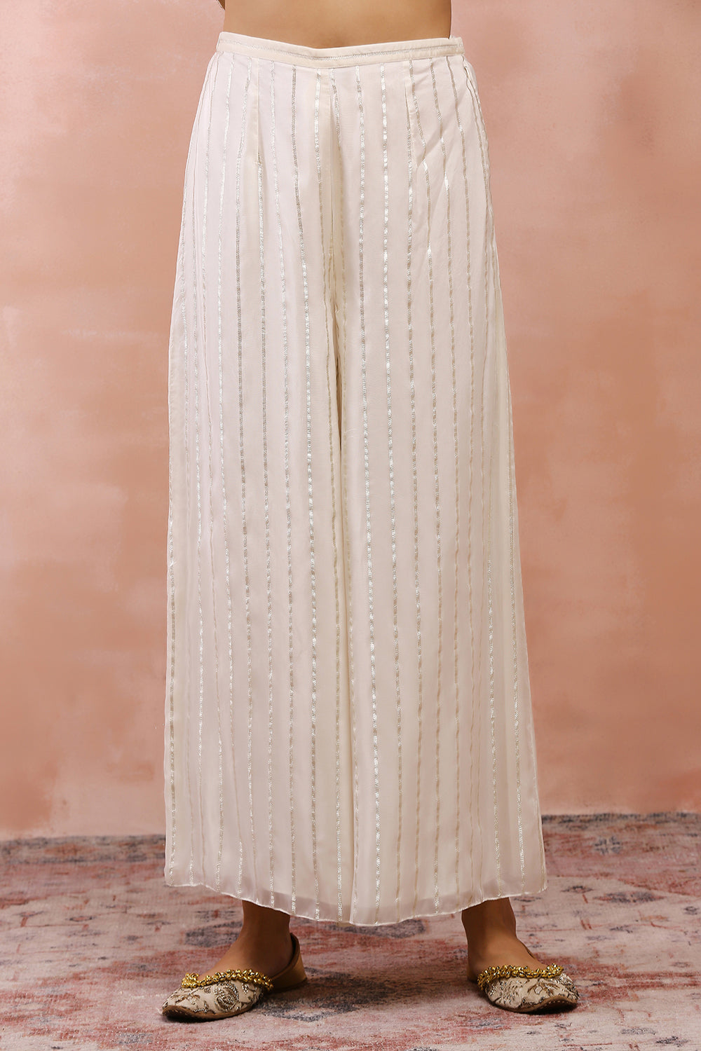 Off White Embroidered Kurta With Palazzo And Dupatta