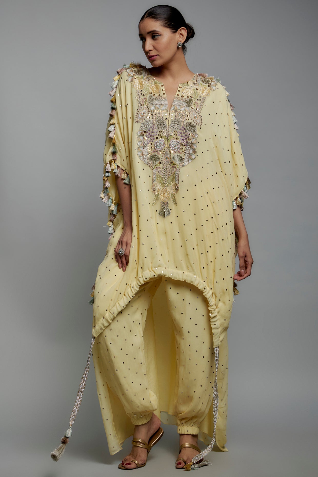 Yellow Embroidered High Low Kurta With Jogger Pant