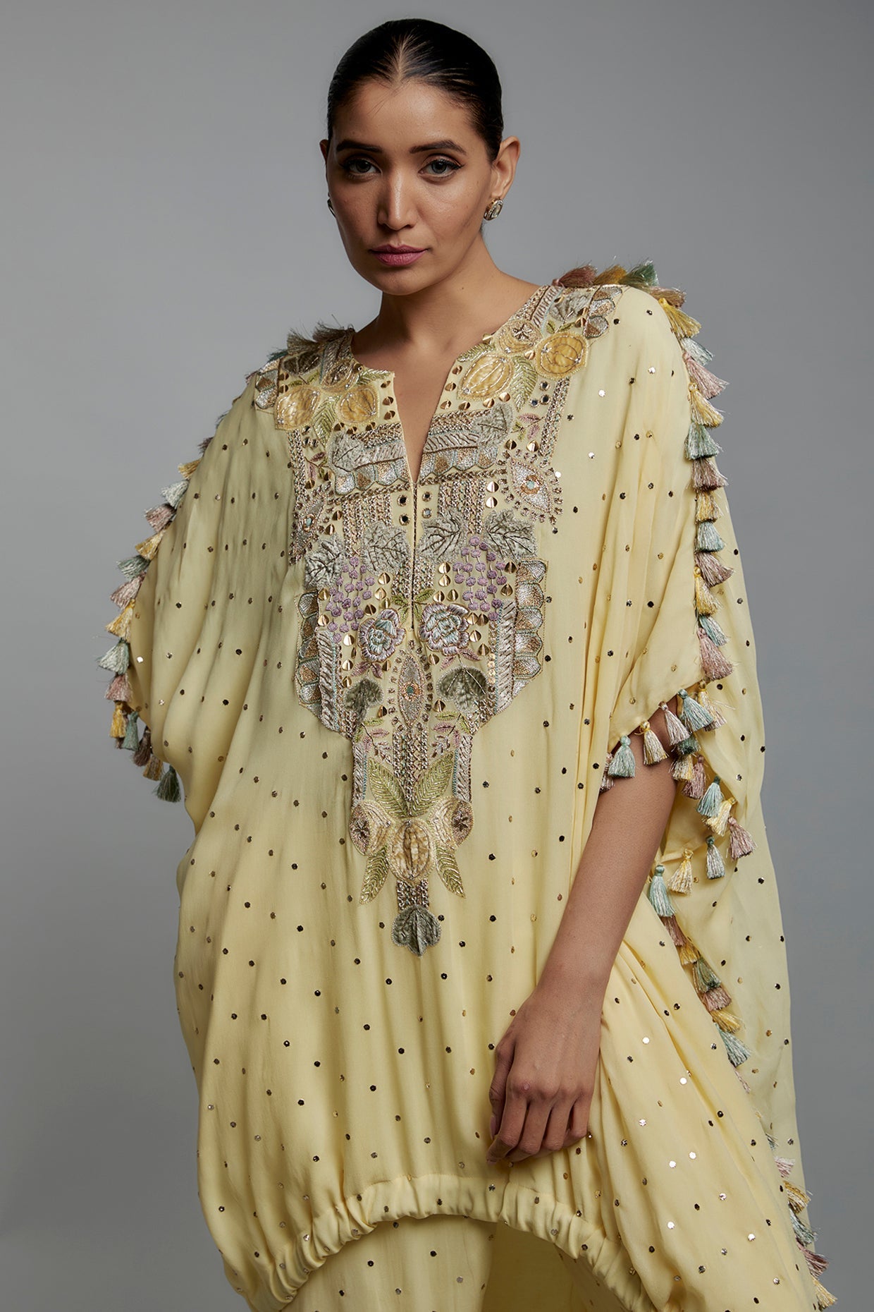 Yellow Embroidered High Low Kurta With Jogger Pant