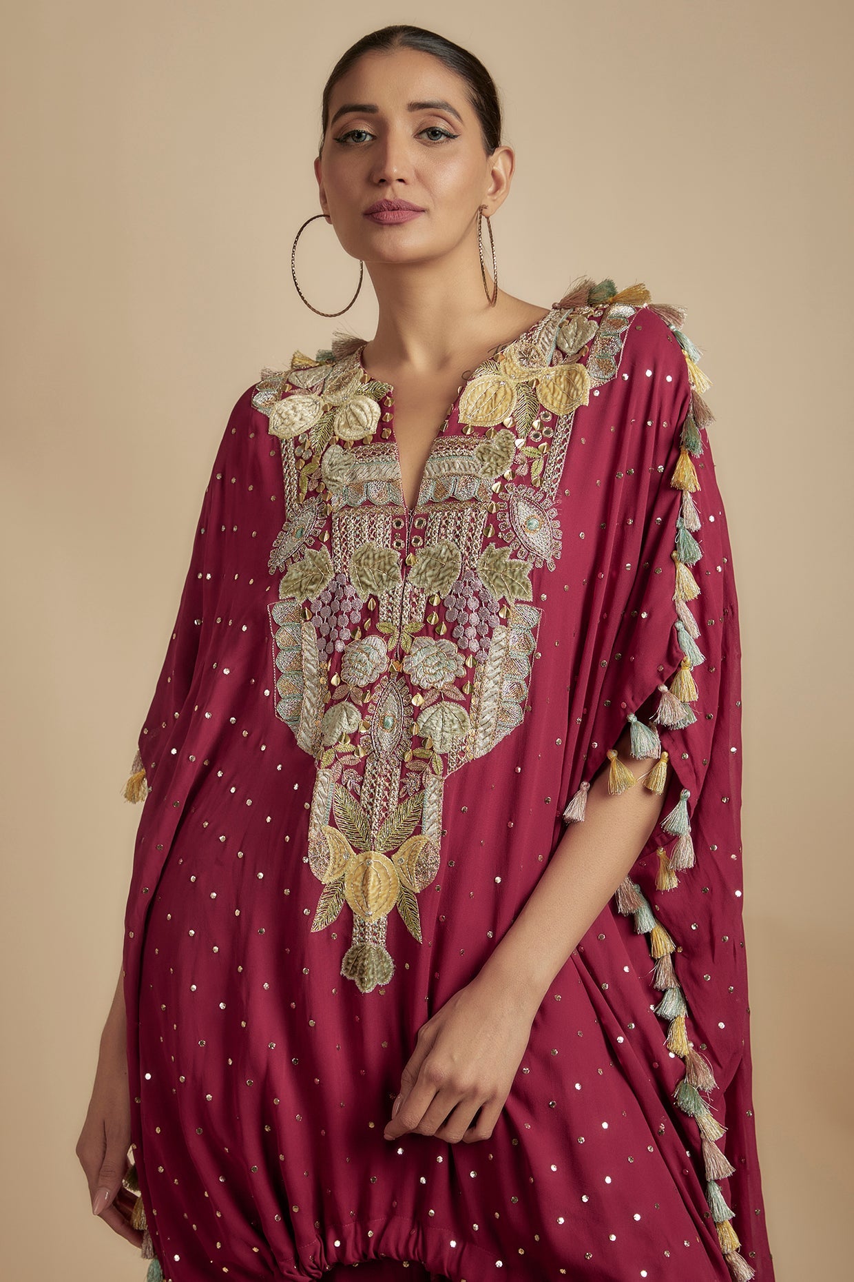 Maroon Embroidered High Low Kurta With Jogger Pant