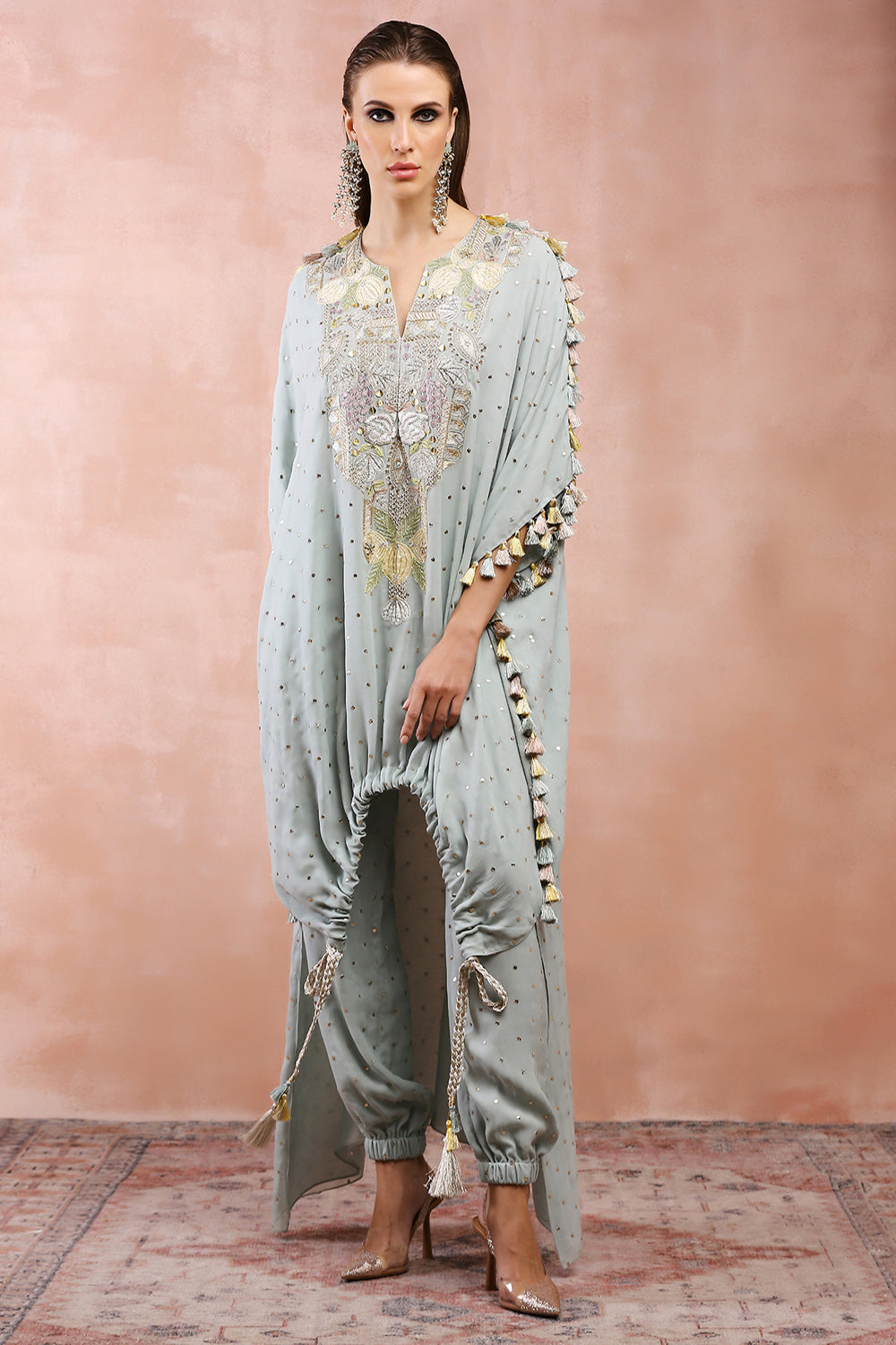 Powder Blue Applique Embroidered High Low Kurta With Jogger Pant