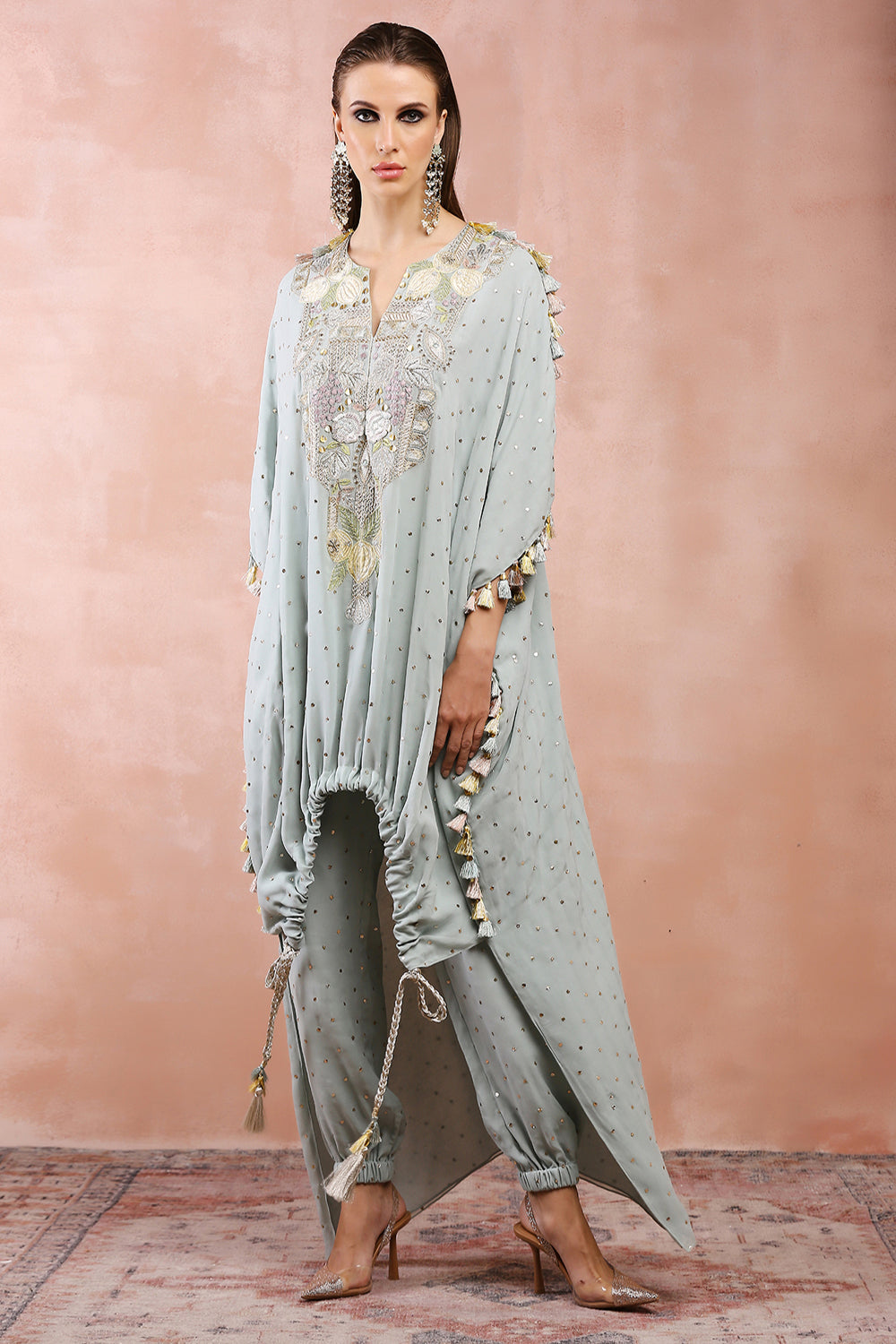 Powder Blue Applique Embroidered High Low Kurta With Jogger Pant