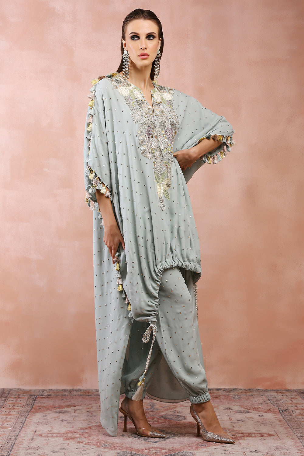 Powder Blue Applique Embroidered High Low Kurta With Jogger Pant