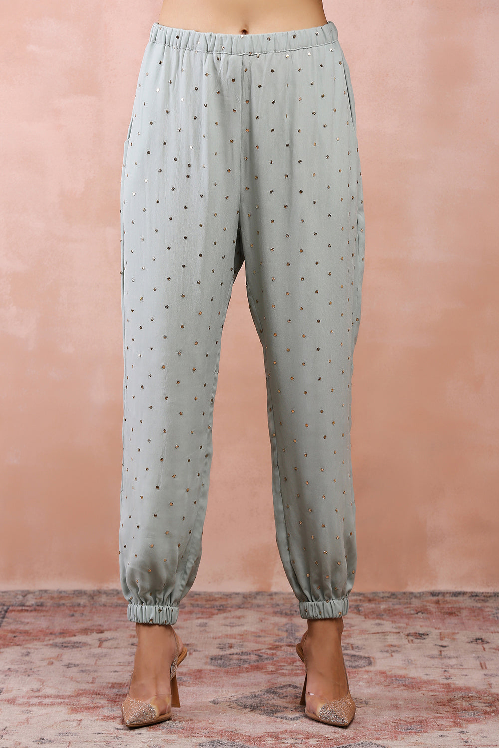 Powder Blue Applique Embroidered High Low Kurta With Jogger Pant